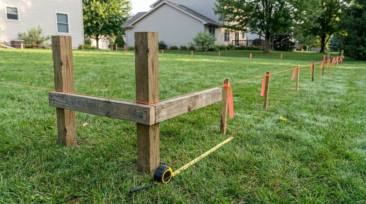 Batter boards and taut mason string line marking a fence corner with stakes in a yard