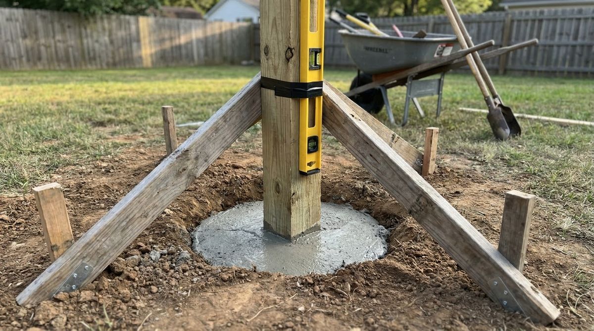 Wood fence post braced plumb in a hole with fresh concrete sloped away from it