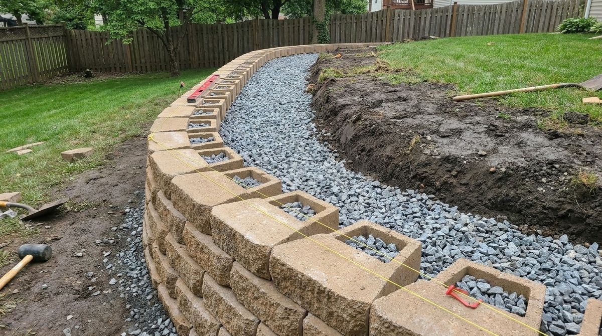 Clean crushed stone filling the zone behind a partly built segmental block retaining wall