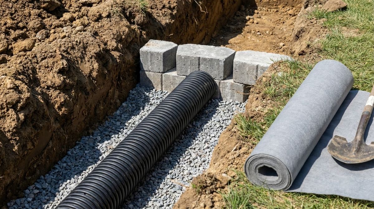 Black perforated drain pipe laid on gravel behind the first course of retaining wall blocks