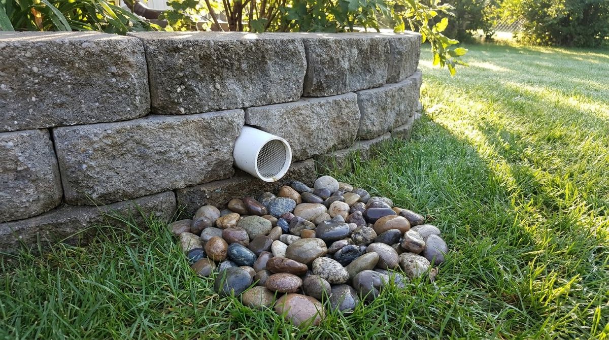 Drain pipe outlet with rodent screen exiting the face of a segmental block retaining wall