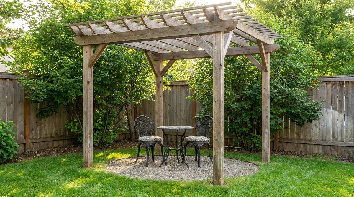 Small freestanding wood pergola over a bistro set in the corner of a backyard