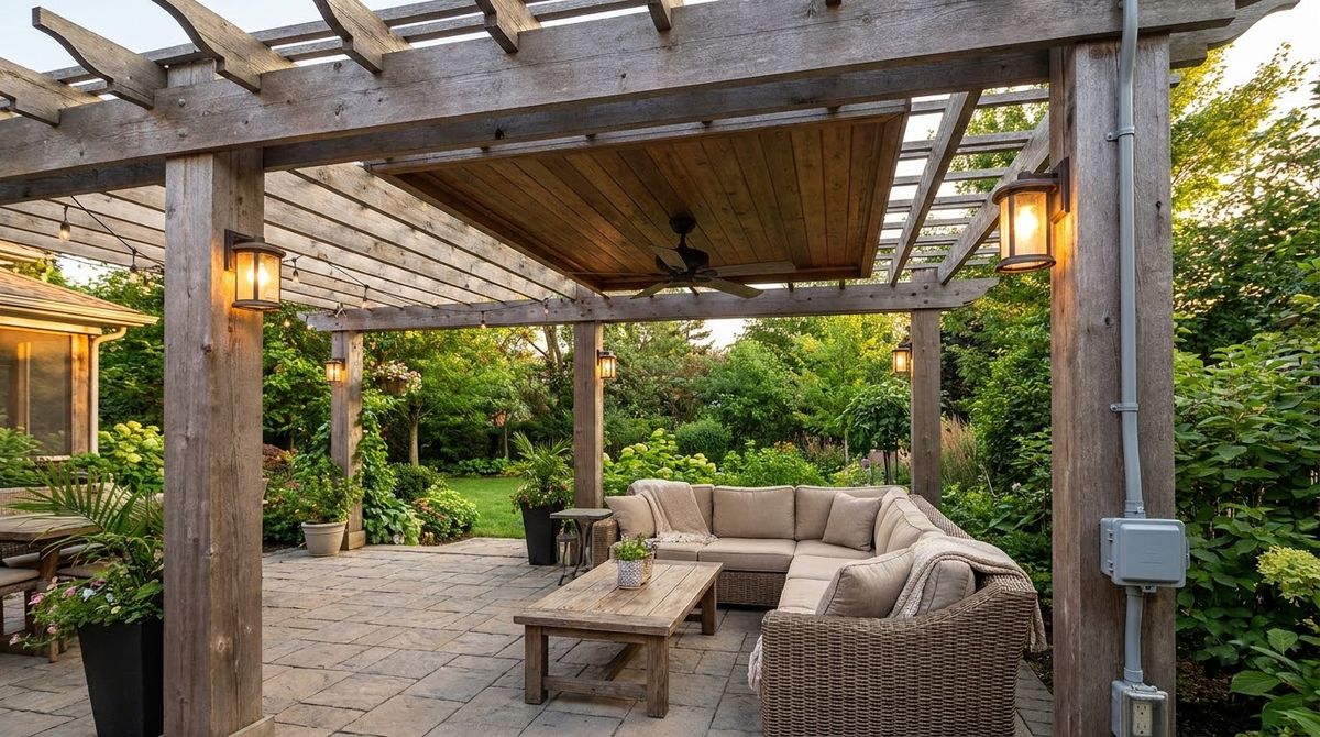 Wood pergola with hard-wired ceiling fan and outdoor light fixtures over a patio