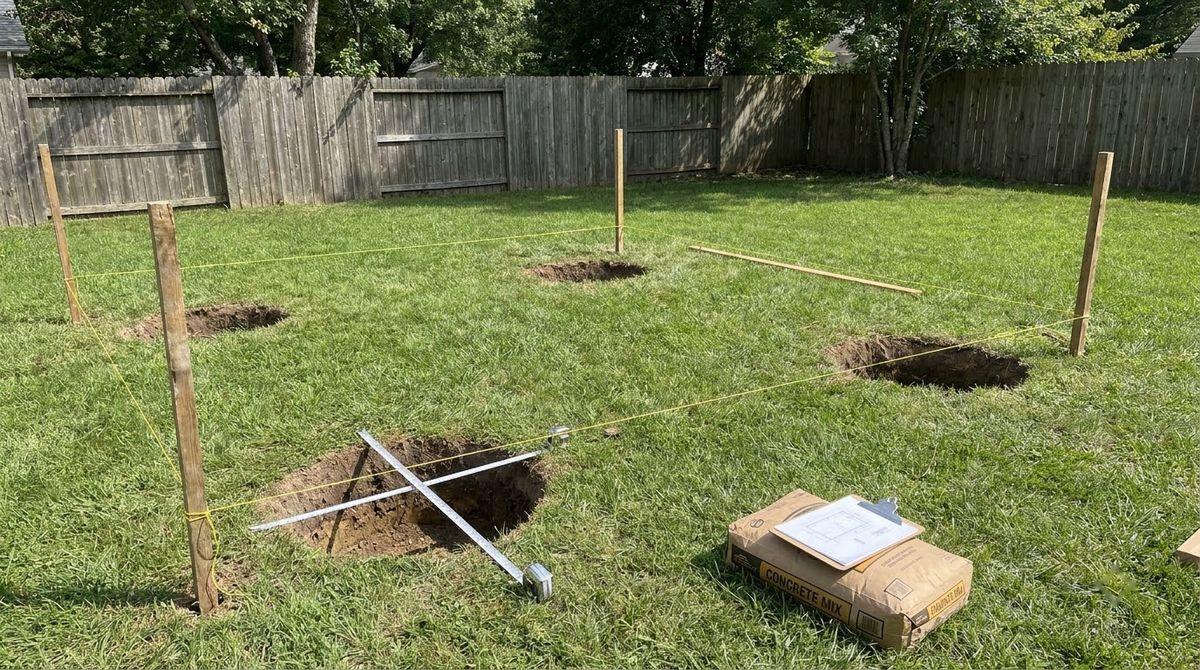 Open round post holes marked for a pergola, ready for a footing inspection