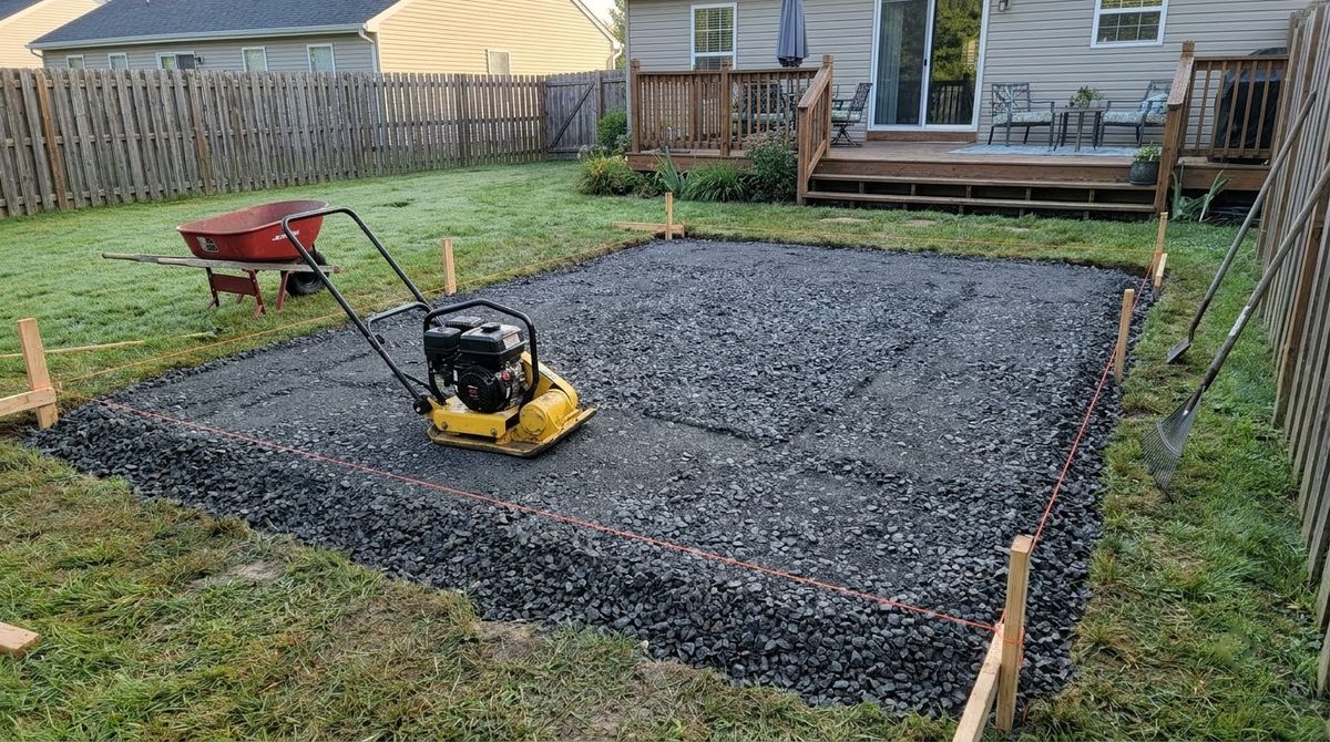 Gas plate compactor parked on a freshly compacted crushed gravel paver base layer