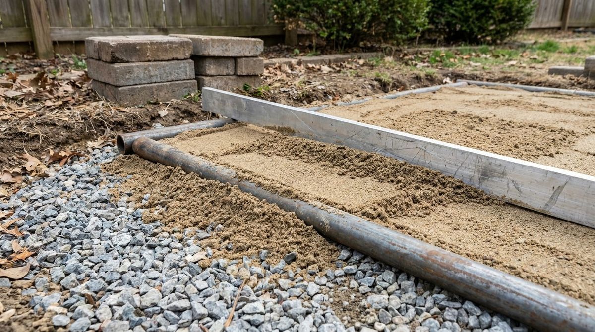 Coarse bedding sand screeded flat over steel pipes on a compacted gravel paver base