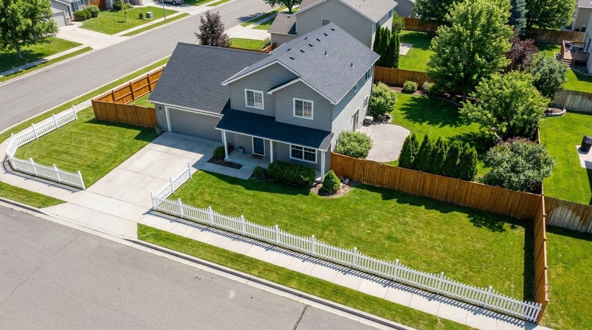 Corner suburban lot with low front fence and tall wood privacy fence along side and back