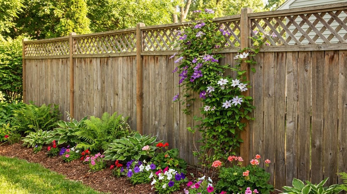Solid wood privacy fence with an open lattice topper and climbing vine in a backyard