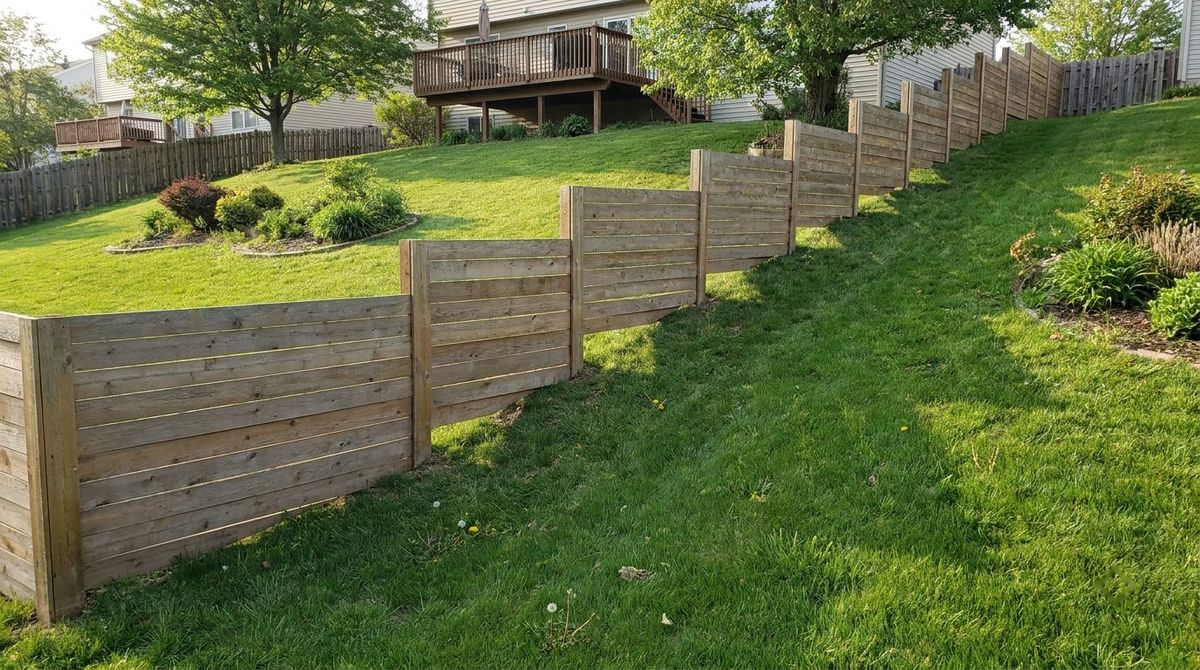 Stepped wood privacy fence panels following a sloping backyard downhill