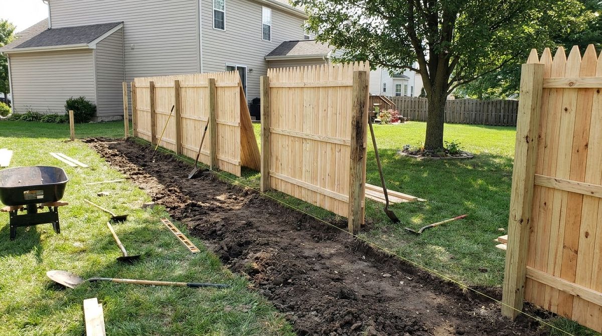 Prebuilt pine stockade fence panels leaning against new wood posts in a backyard