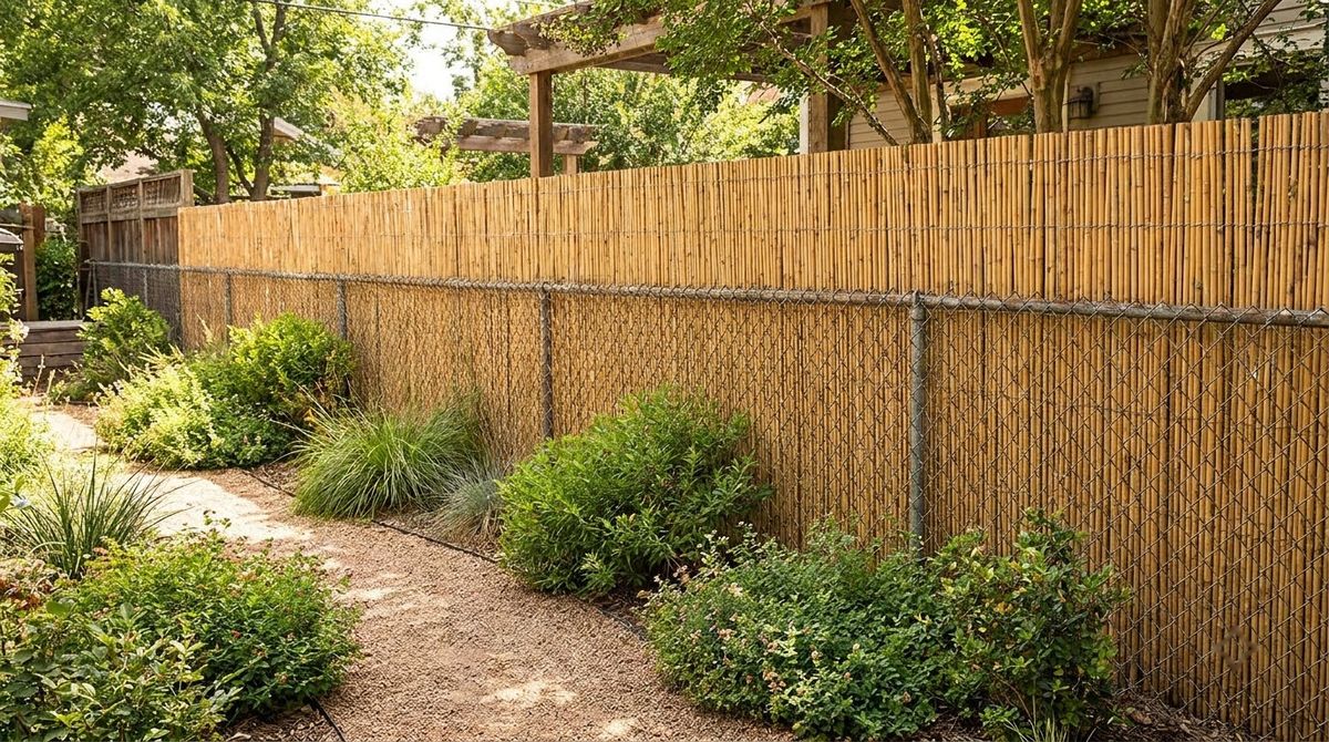 Rolled natural bamboo fencing wired over an old chain-link fence in a garden