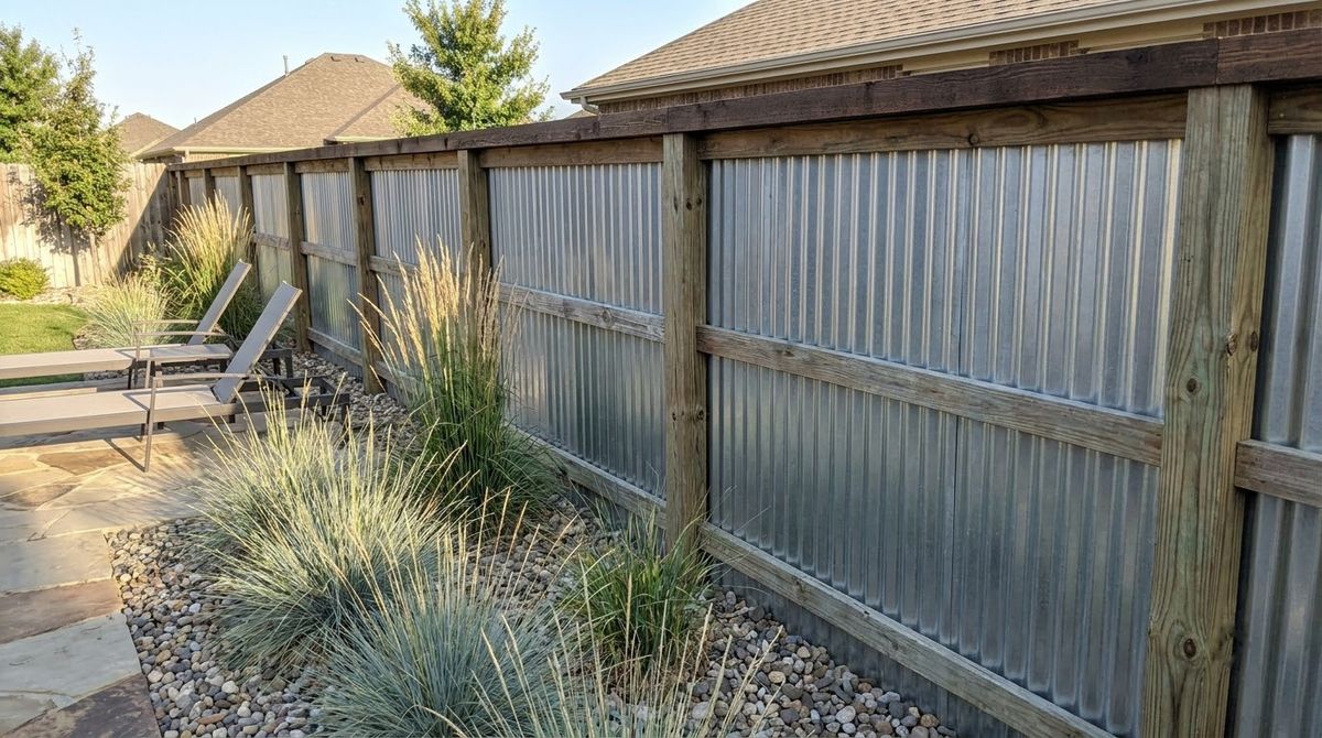 Galvanized corrugated metal privacy fence panels in a wood frame along a modern backyard