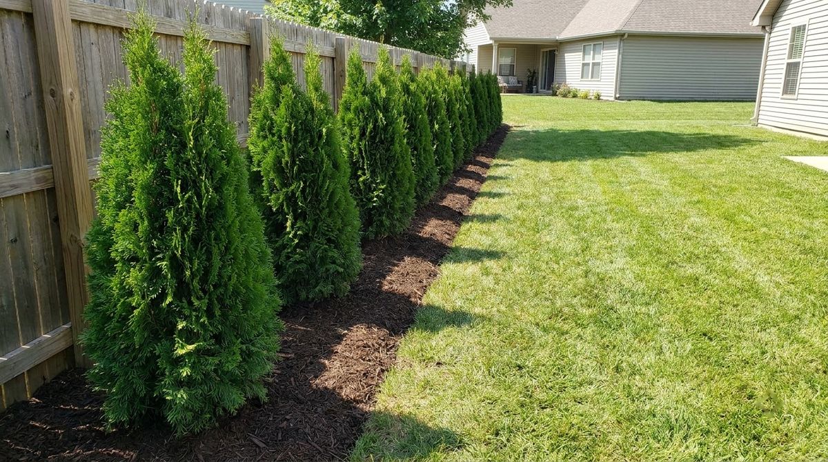 Young evergreen hedge planted in a row along a backyard property line for privacy