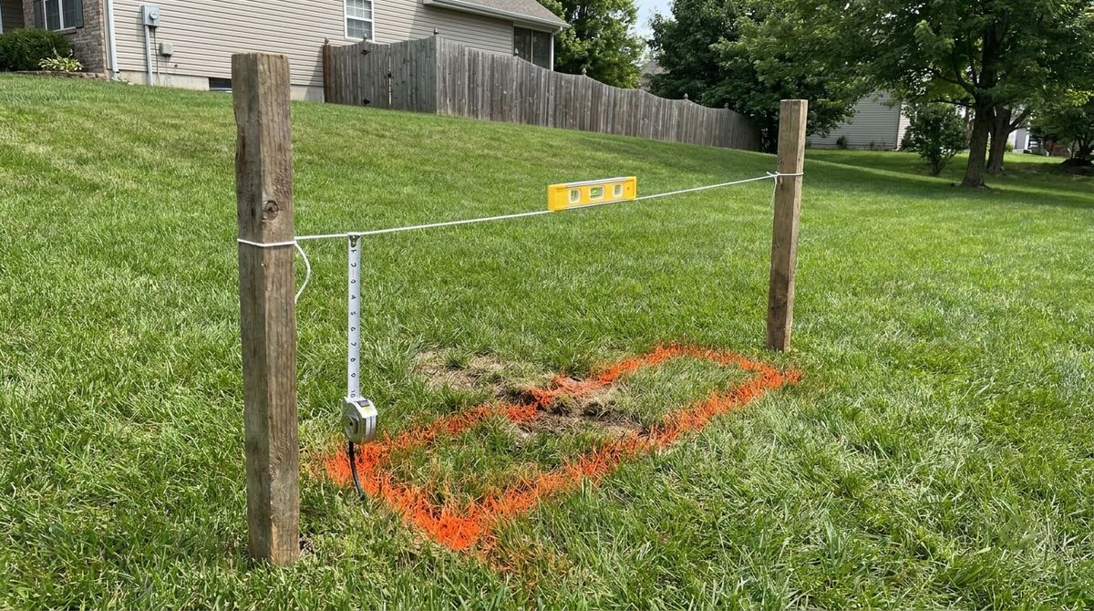 Wooden stakes and a level string line measuring the drop of a sloped lawn for a garden bed