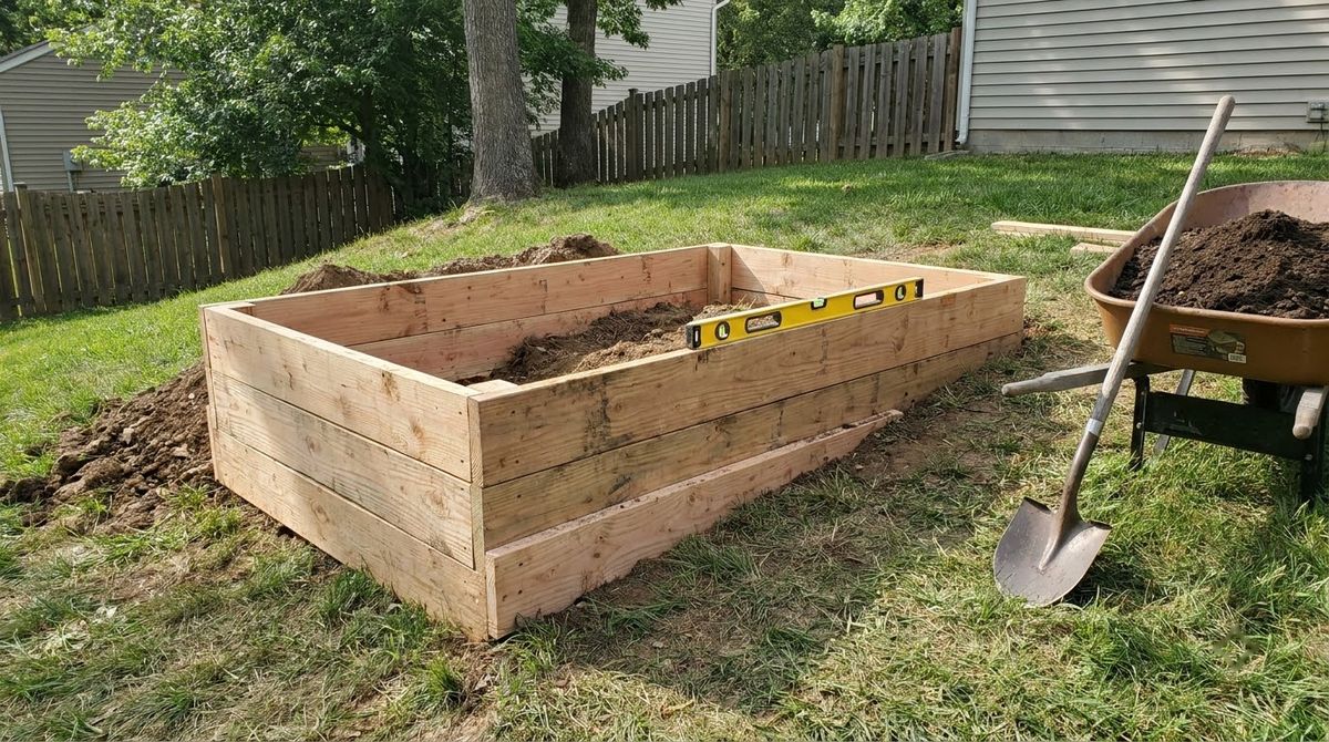 Level wooden raised bed frame cut into the uphill side and built up on the downhill side