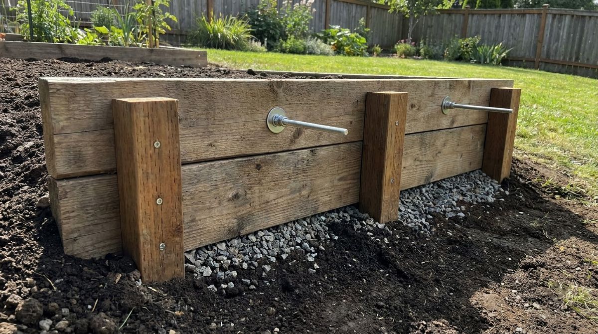 Downhill wall of a raised bed braced with buried outside stakes and a threaded rod cross-tie