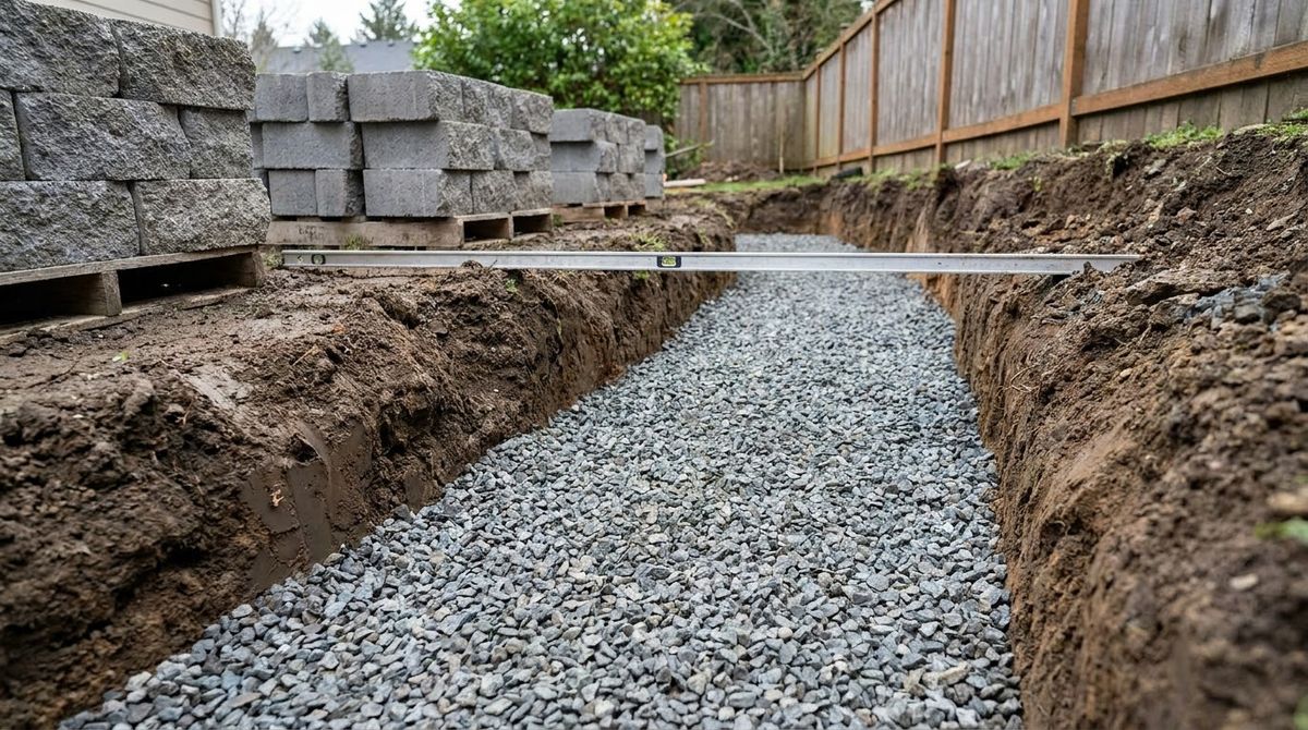 Level compacted gravel leveling pad in a trench ready for segmental retaining wall blocks