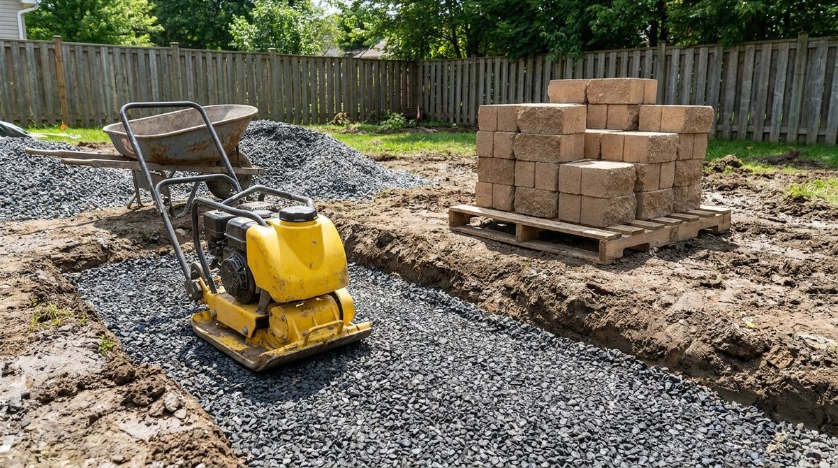 Walk-behind plate compactor resting on crushed gravel base in a retaining wall trench