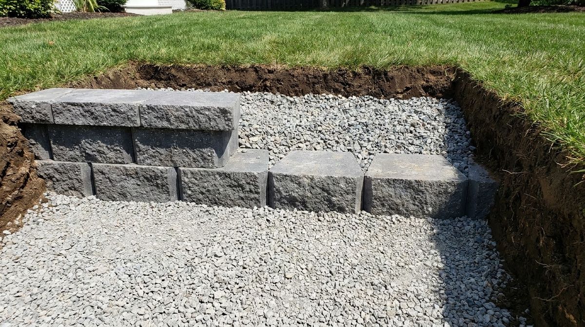 Cutaway view of a segmental block retaining wall with its first course buried below grade