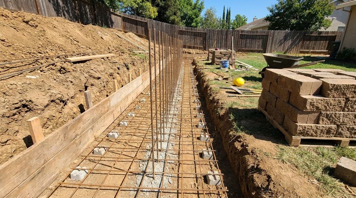 Formed concrete footing trench with rebar for a poured or mortared retaining wall