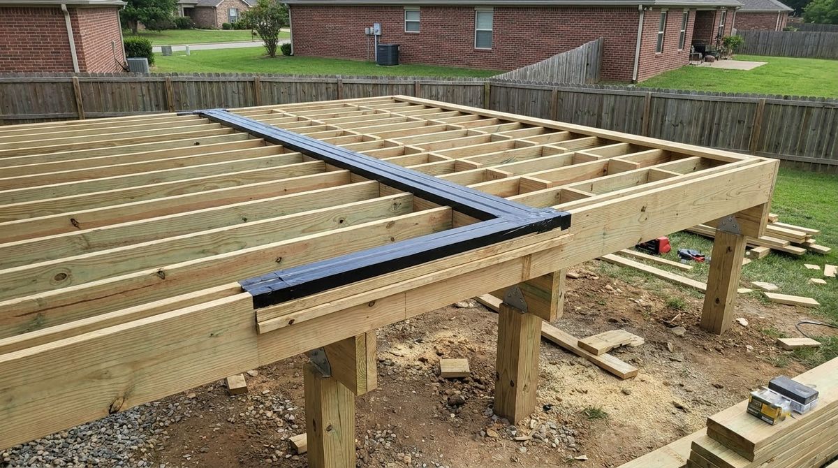 Deck framing with doubled joists and blocking under the planned outdoor kitchen area