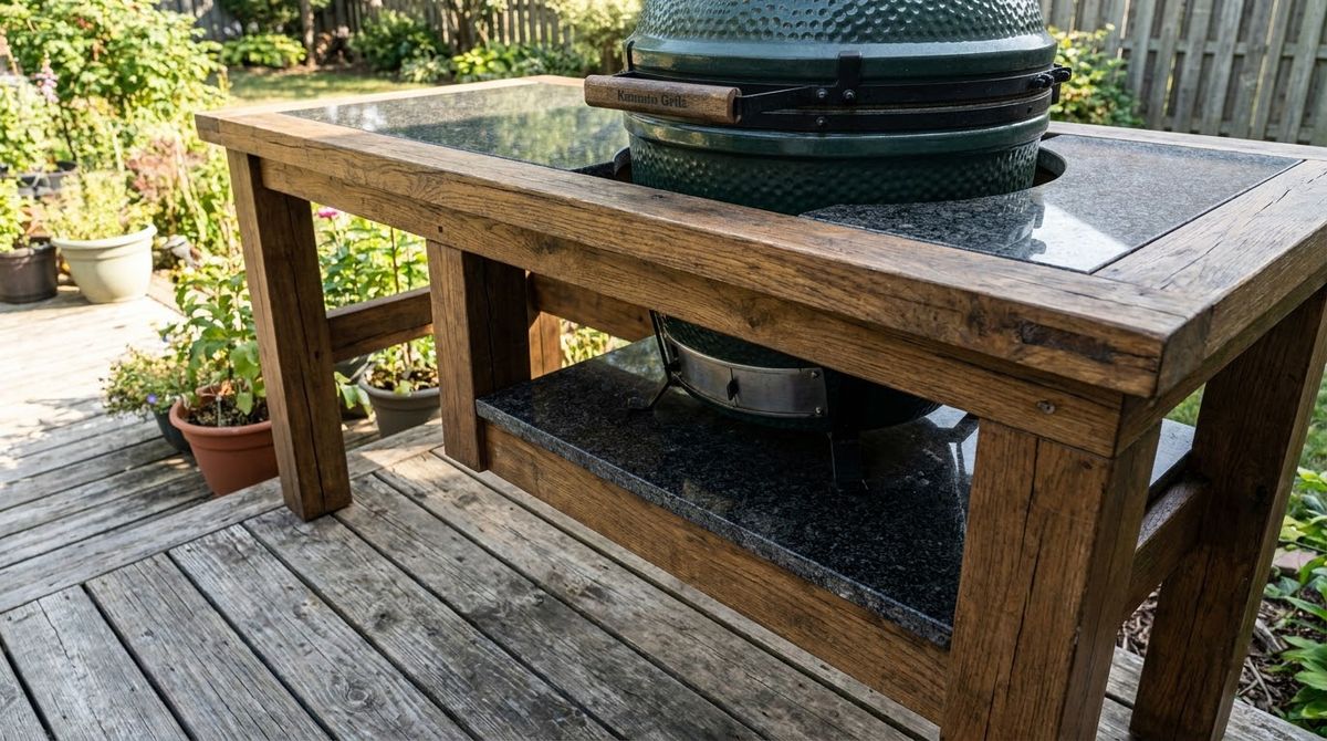 Ceramic kamado cooker in a stone-topped table on a metal nest over a granite tile