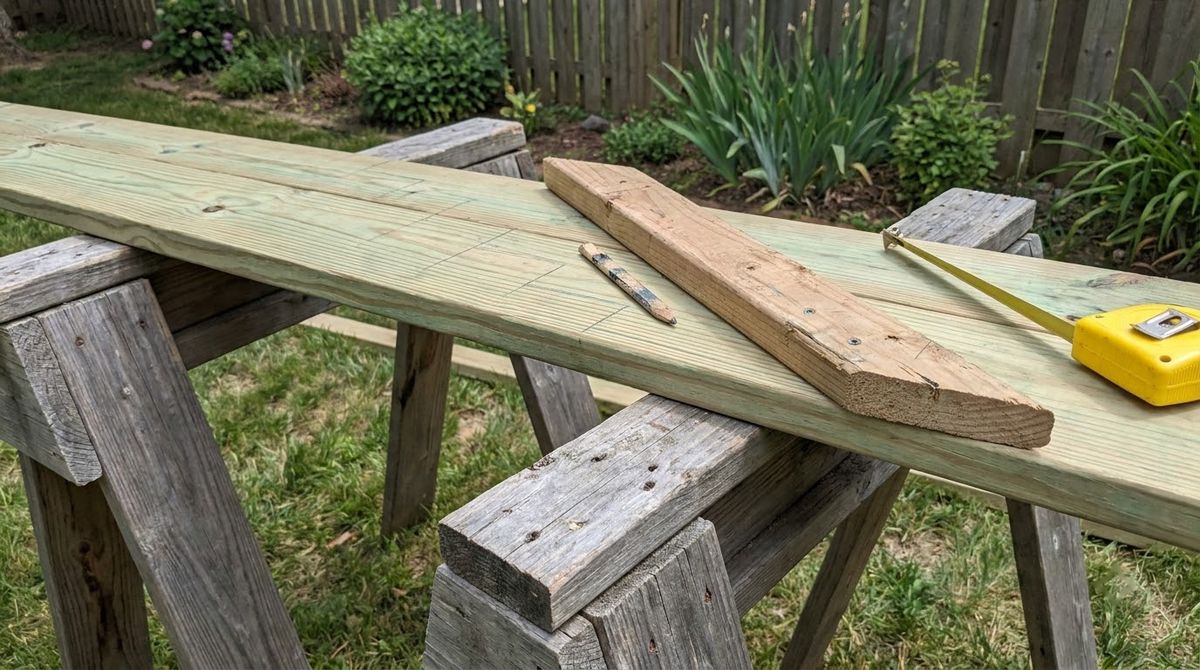 Triangle rise-and-run template marking notches on a pressure-treated 2x12 stair stringer