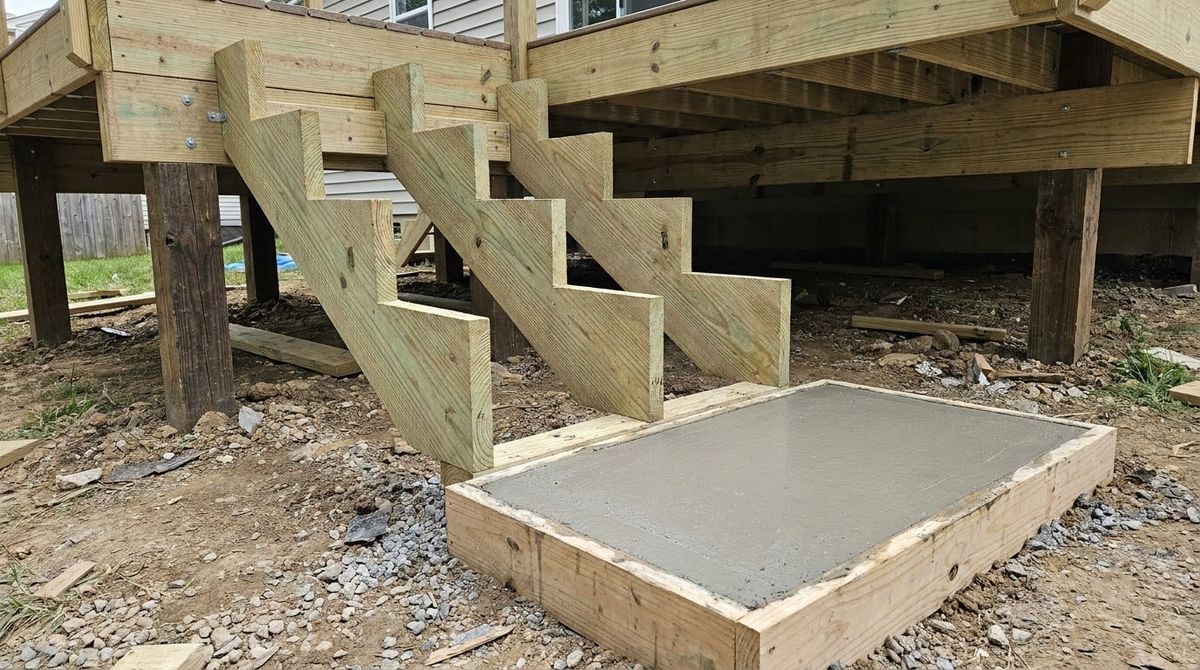 Concrete landing pad and two 4x4 posts at the bottom of new deck stair stringers