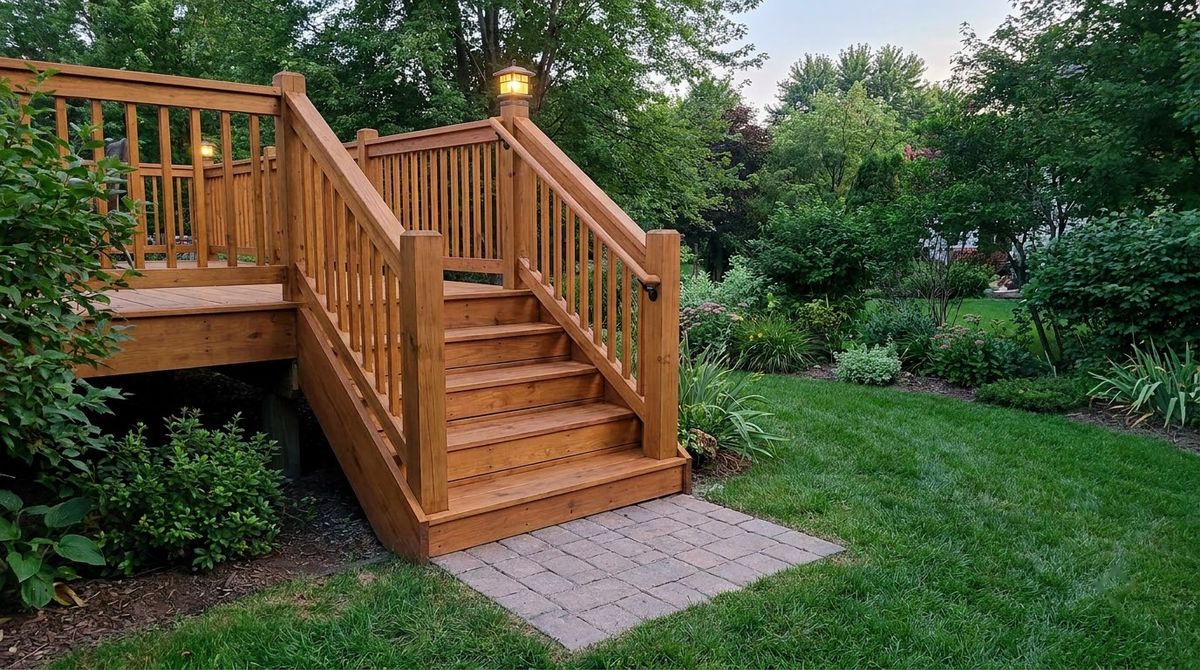 Finished wood deck stairs with guard balusters and a round graspable handrail