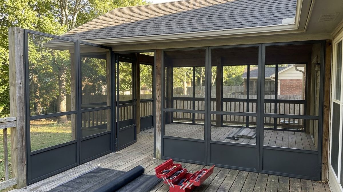 Existing covered back porch being closed in with new aluminum screen frames between wood posts