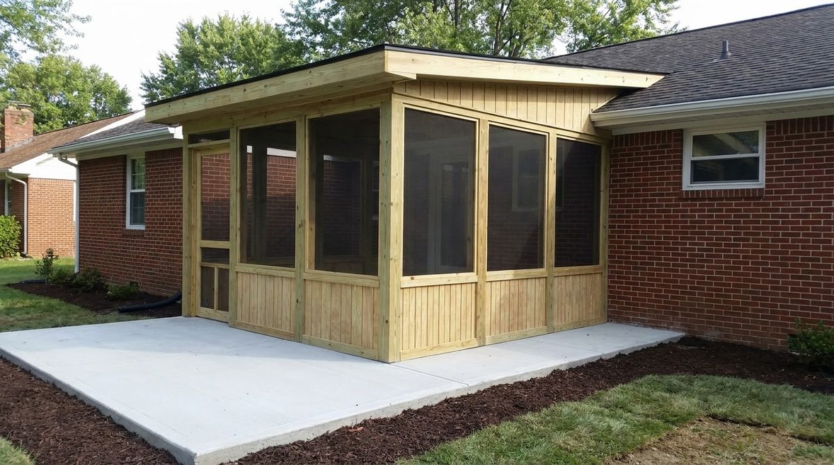 New ground-level screened porch built on a concrete slab beside a brick ranch house