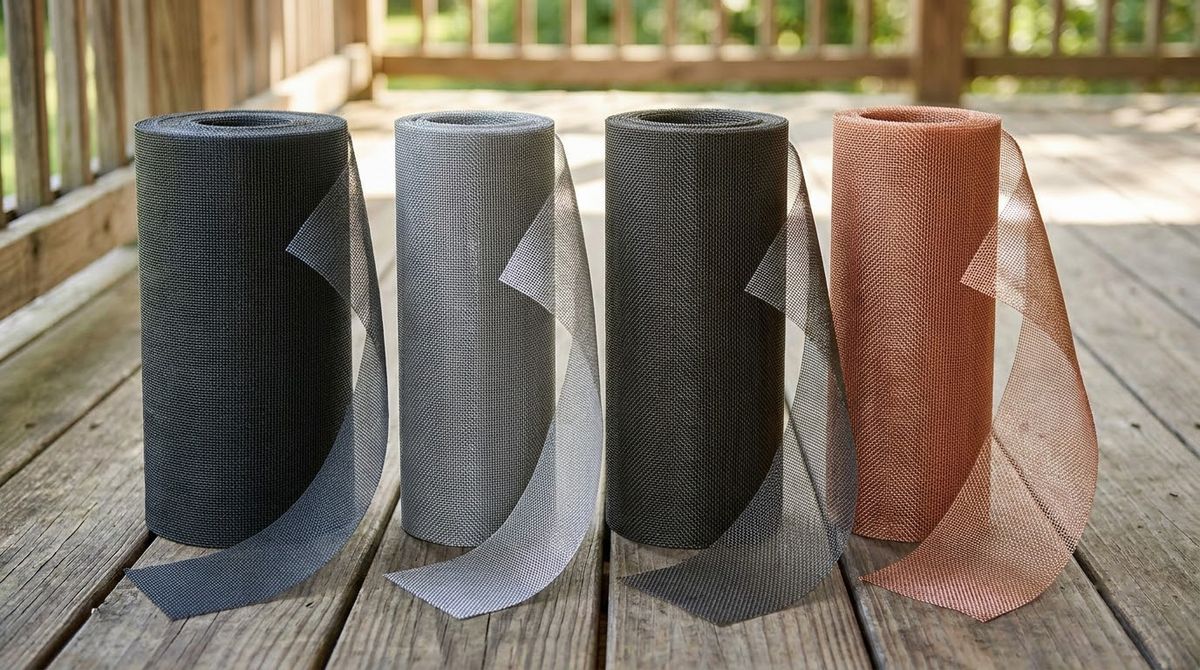 Fiberglass, aluminum, stainless steel and copper porch screen mesh rolls side by side
