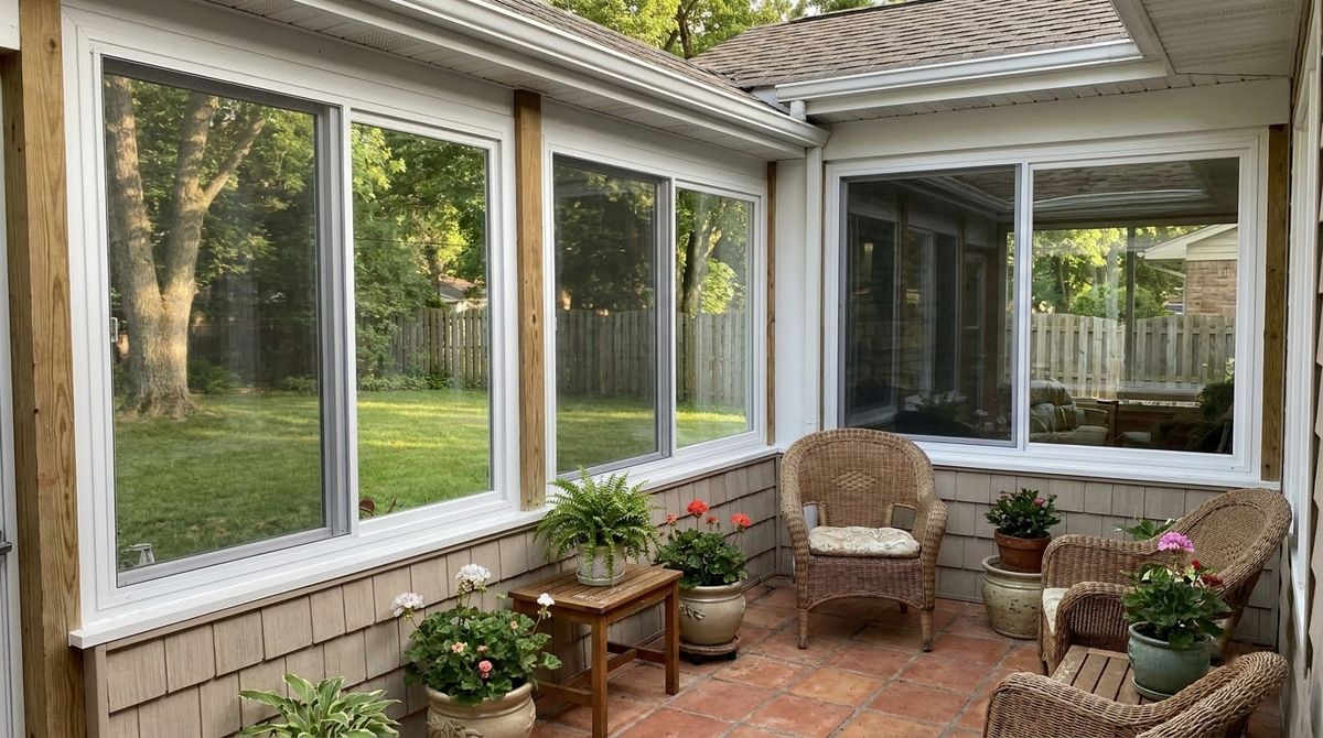 Back porch enclosed as a three-season room with sliding windows and screens