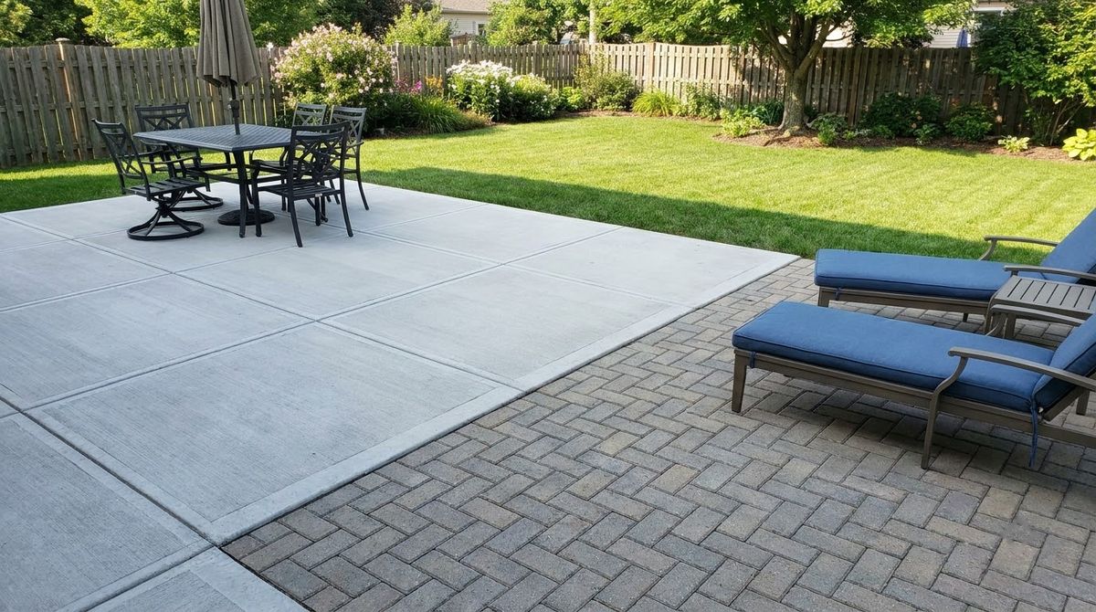 Broom-finished concrete slab and concrete paver patio side by side in a backyard
