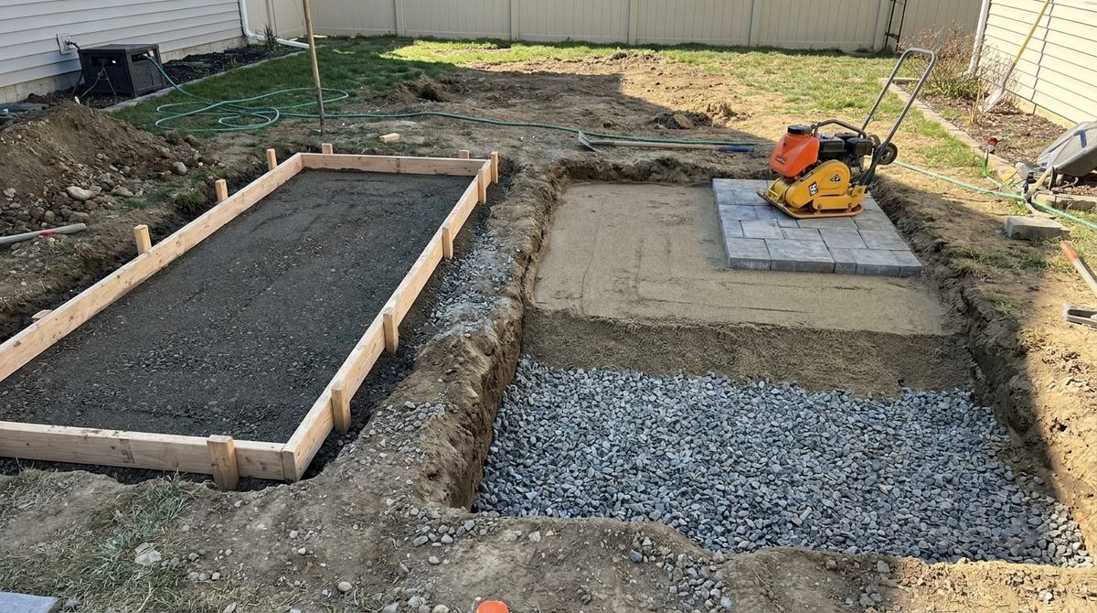 Excavated patio sites showing thin gravel under concrete forms and deeper paver base