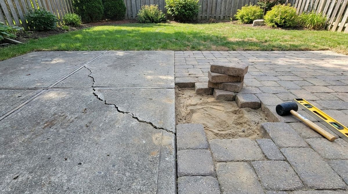 Cracked concrete patio slab next to a paver patio section lifted for releveling