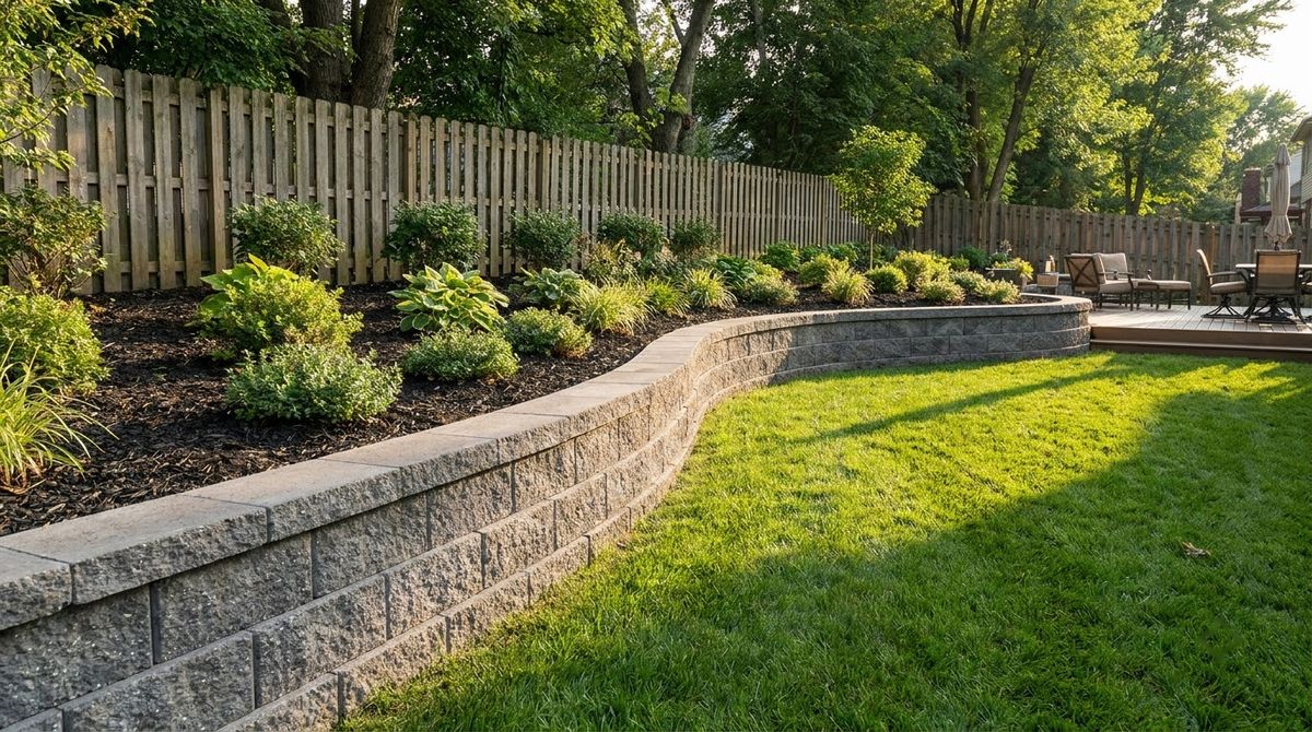 Curved gray segmental retaining wall blocks with cap stones edging a backyard lawn