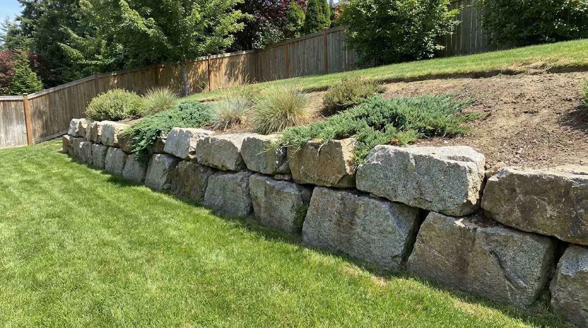 Large natural stone boulder retaining wall holding a sloped yard edge above a lawn