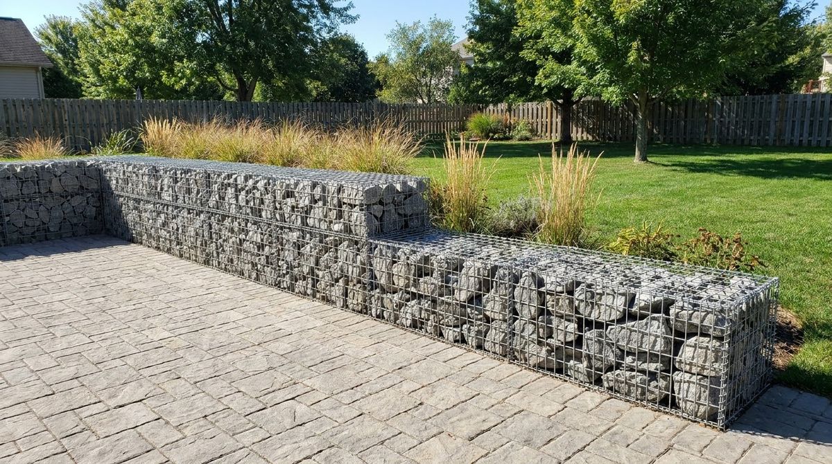 Gabion retaining wall of wire baskets filled with natural stone beside a modern patio