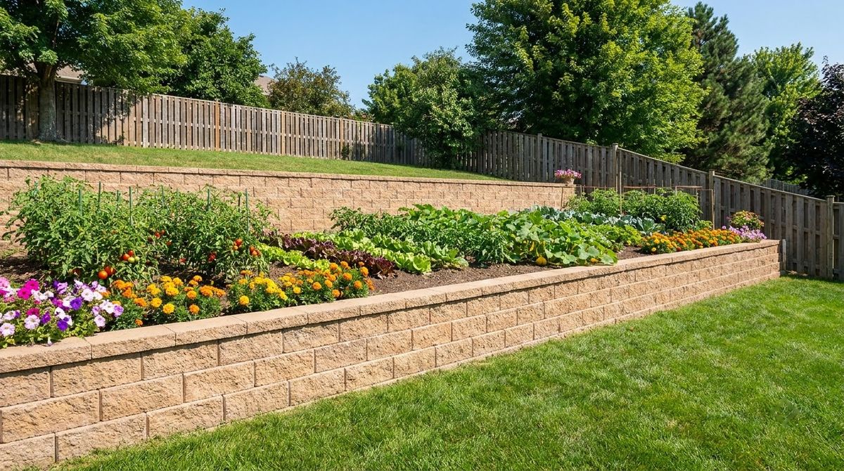 Two terraced segmental block retaining walls with planted beds on a sloped backyard