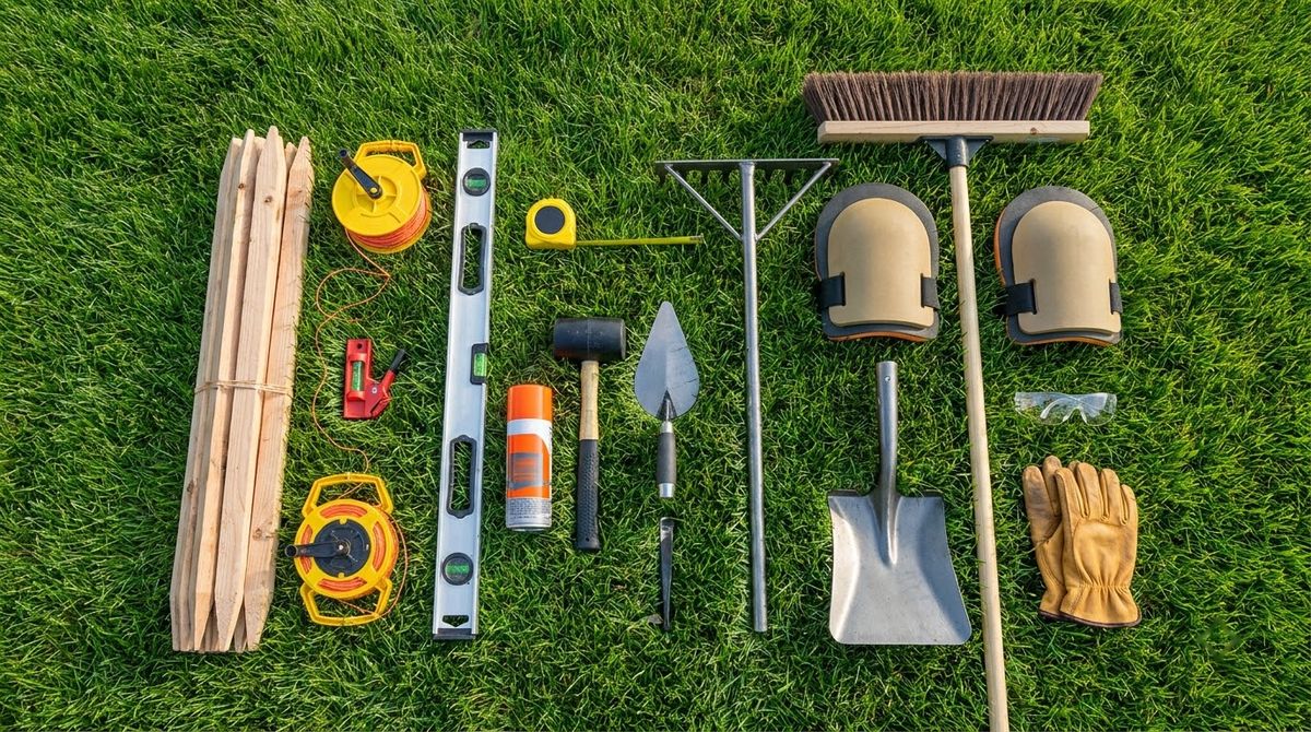 Hand tools for a paver patio laid out on grass: stakes, string, level, mallet, rake