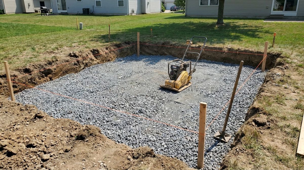 Vibrating plate compactor on a compacted crushed gravel base inside a dug patio area