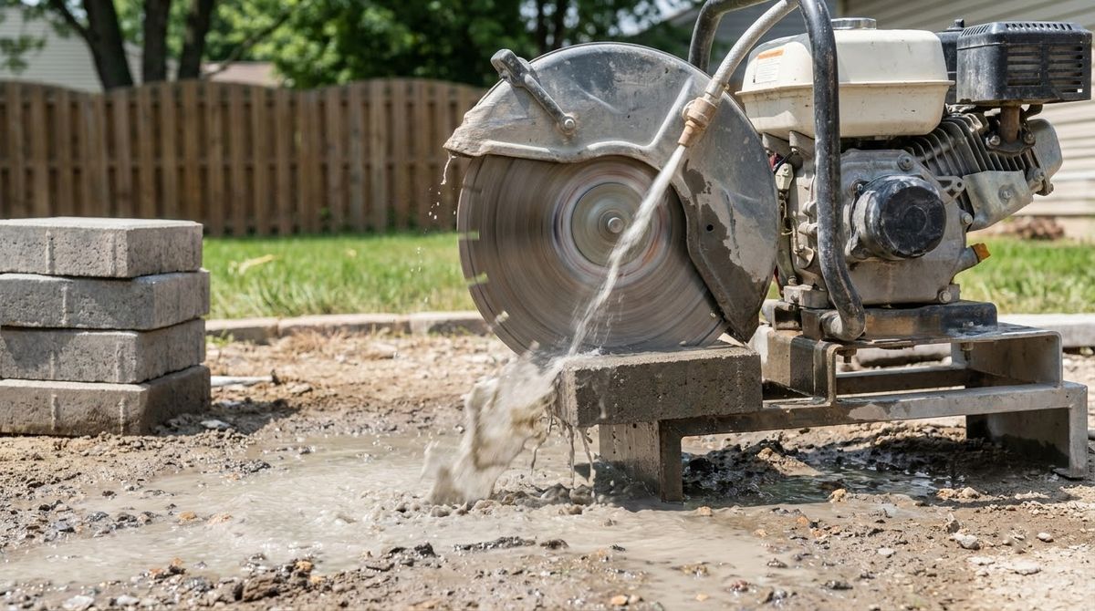Masonry saw with water flowing on the diamond blade cutting a concrete paver outdoors
