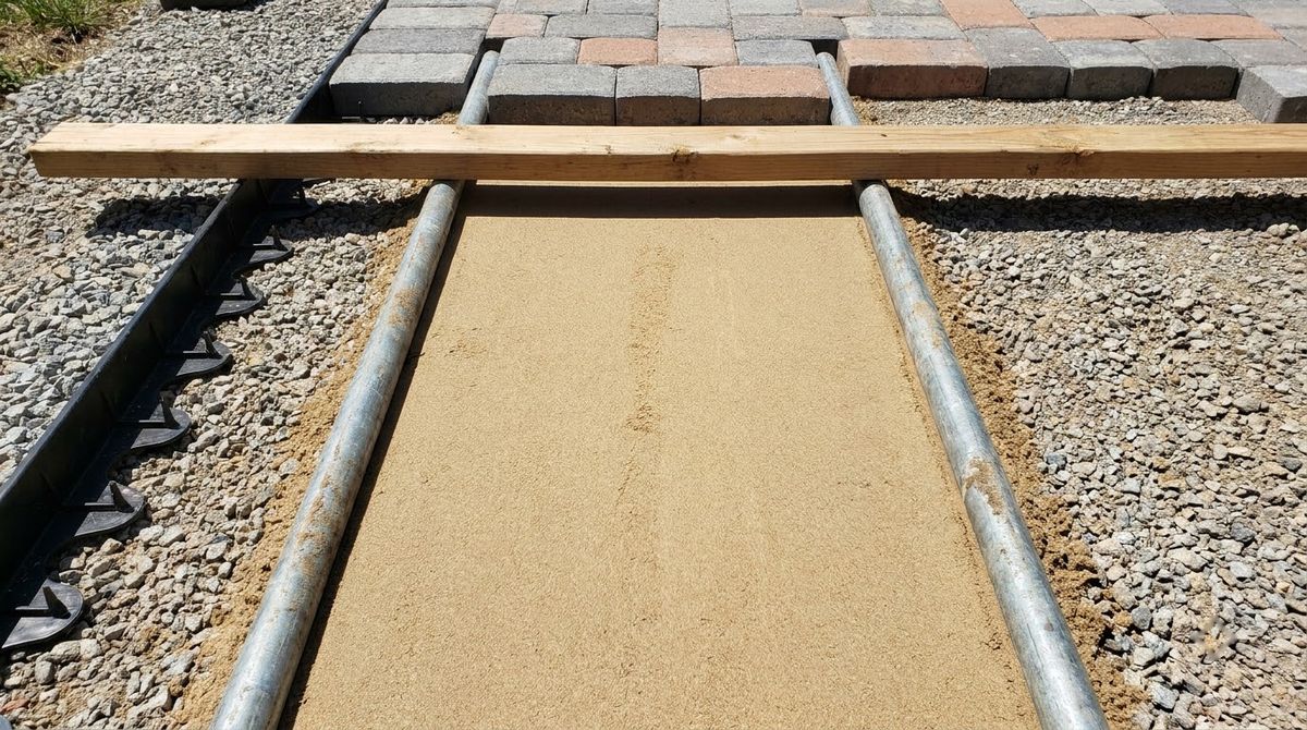 Two metal screed pipes on bedding sand with a straight 2x4 screed board across them