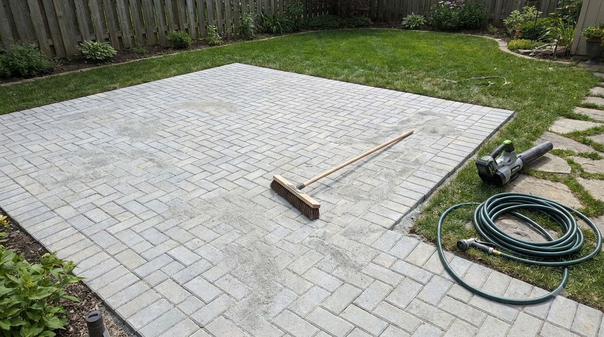 Push broom sweeping polymeric joint sand into the joints of a new paver patio