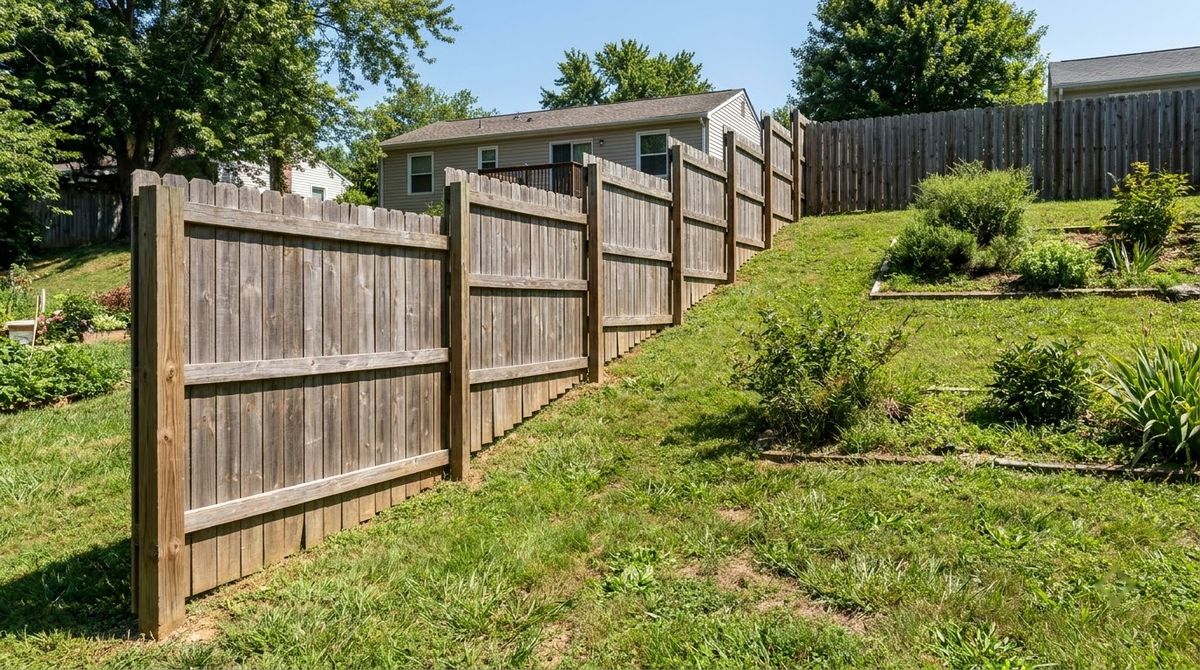 Wood privacy fence built in level stepped panels down a sloping backyard lawn