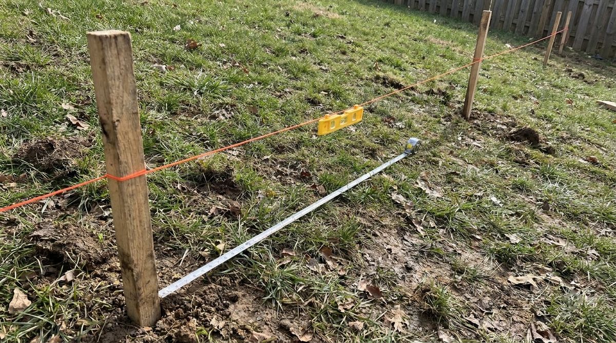 Mason line with line level stretched between stakes to measure drop along a sloped fence line