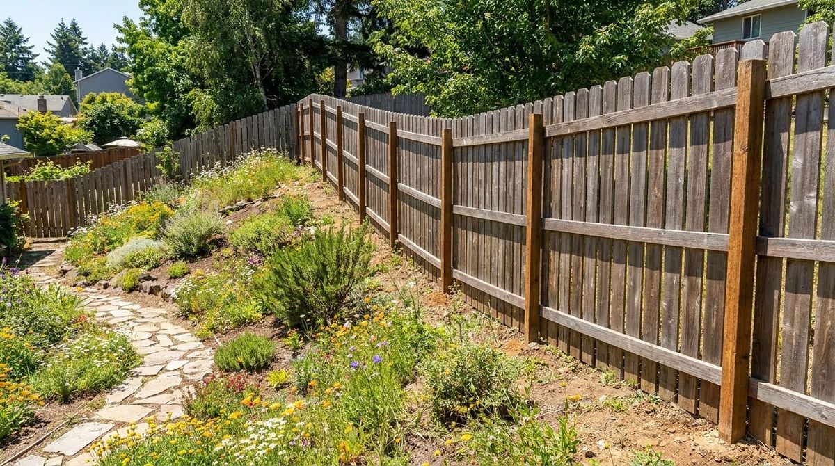Racked cedar privacy fence with rails following a hillside and plumb vertical pickets