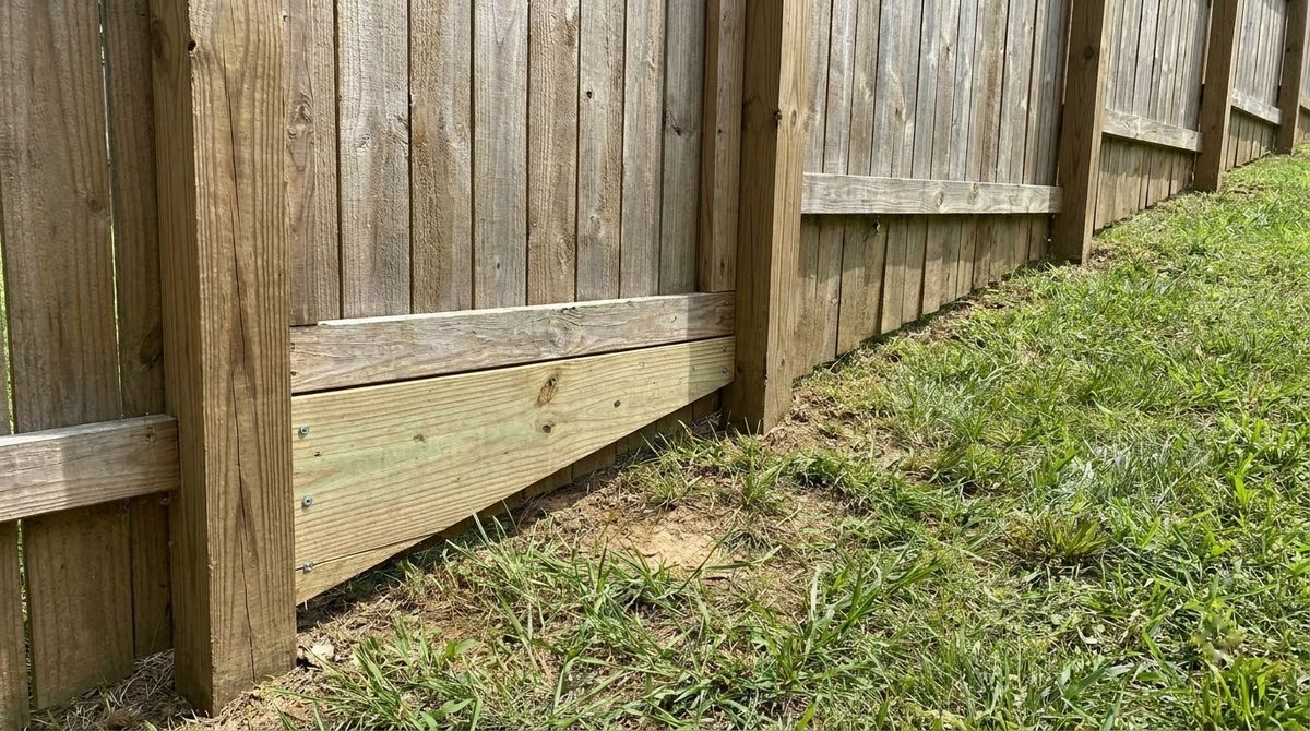 Triangular gap under a stepped wood fence panel closed with a cut board