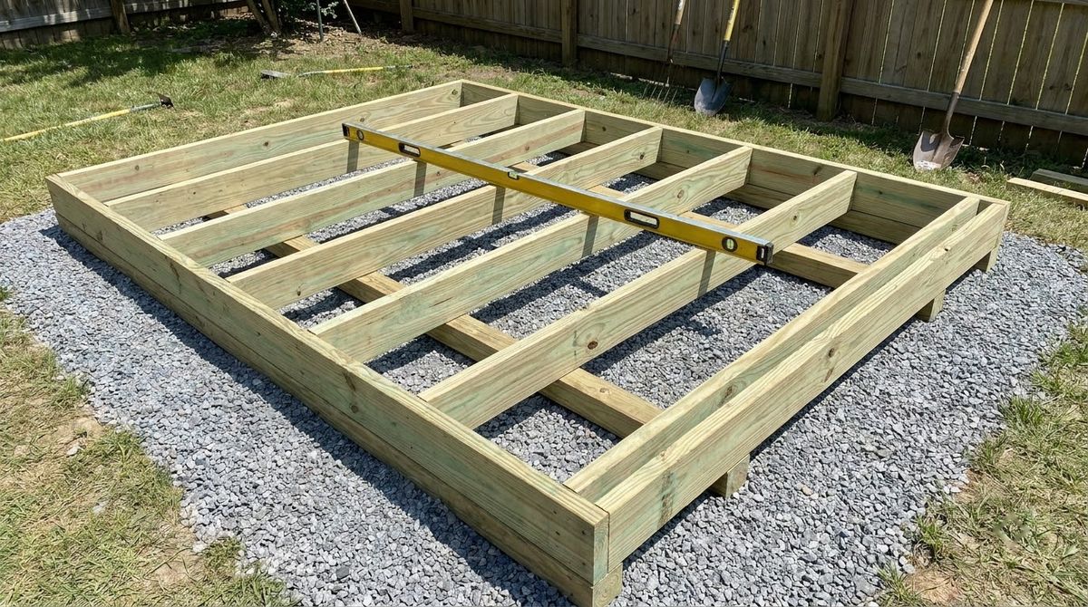 Pressure-treated shed floor frame with joists at 16 inches resting on skids over gravel